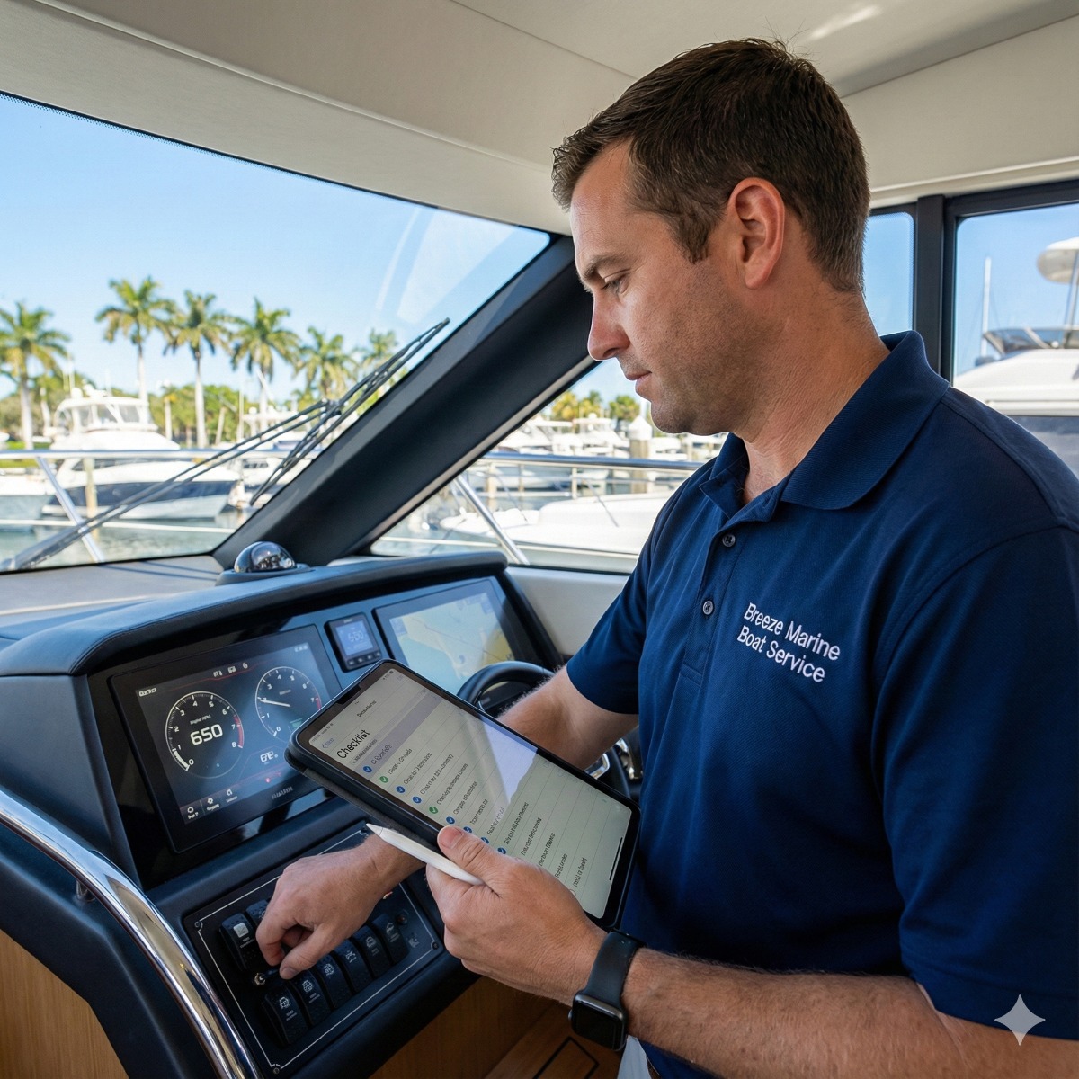 Breeze Marine technician holding a digital checklist tablet at the helm of a yacht, with dashboard gauges illuminated indicating engines are running at idle temperature.
