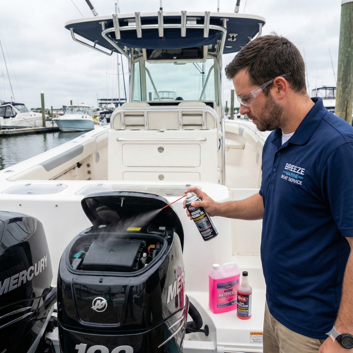 Breeze Marine technician pouring pink marine antifreeze into the sea strainer of a boat engine to protect the raw water cooling system during winter storage.