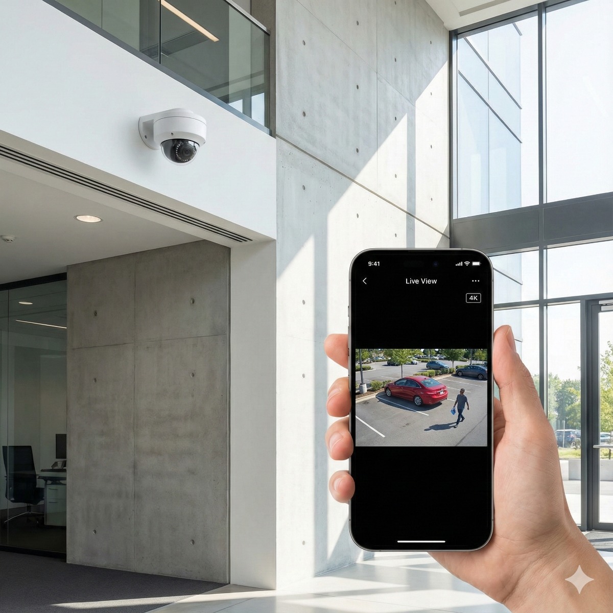 A wide-angle view of a modern 4K bullet security camera mounted on a white wall, with a smartphone in the foreground showing the live feed of the parking lot.