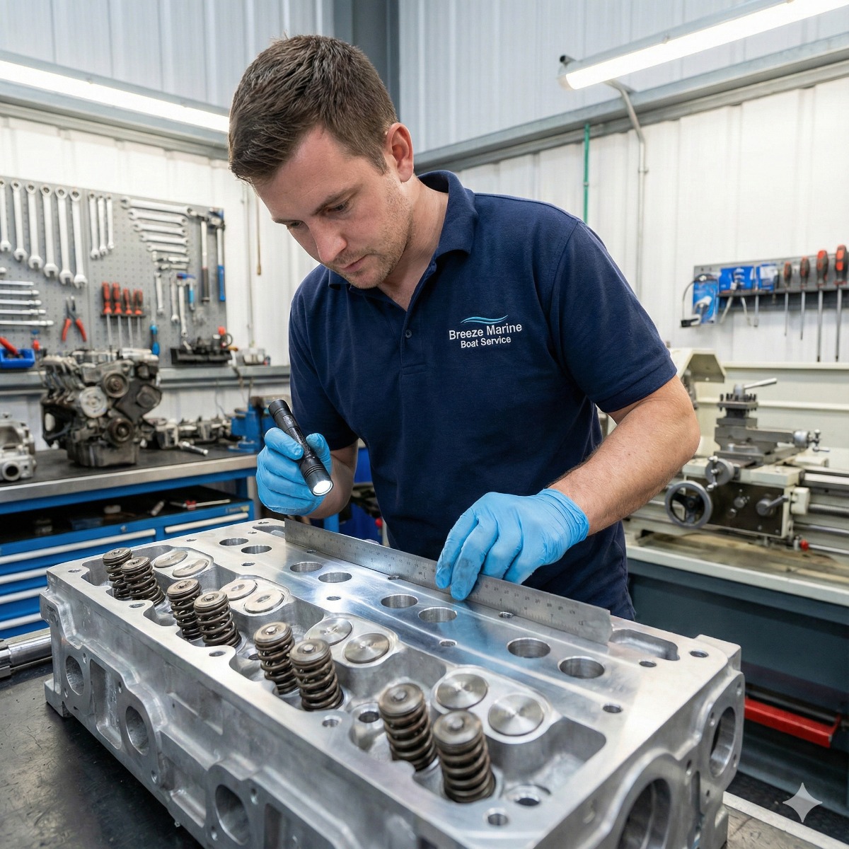 Breeze Marine technician inspecting the freshly machined surface of a marine cylinder head on a workbench, checking valve seating with a light.