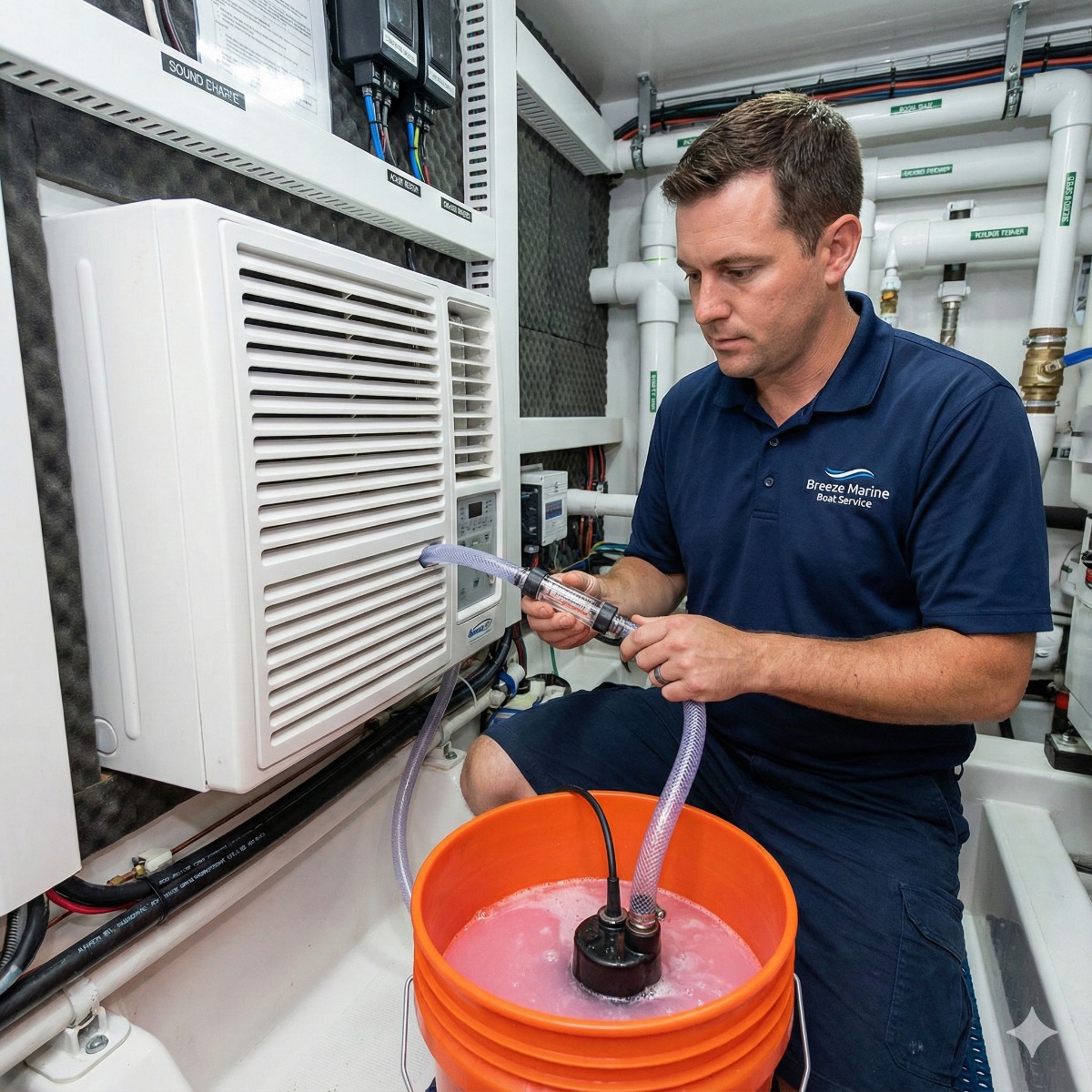 Breeze Marine technician monitoring a clear hose circulating pink descaling fluid through a marine air conditioning unit to clean the heat exchanger.