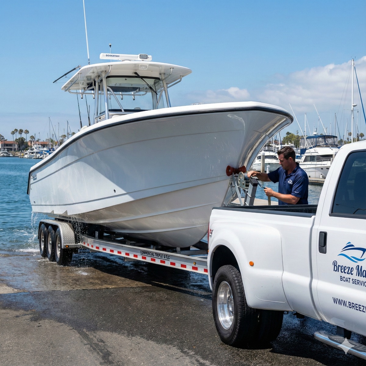 Breeze Marine heavy-duty truck pulling a 30-foot center console boat out of the water on a triple-axle trailer at a public boat ramp.