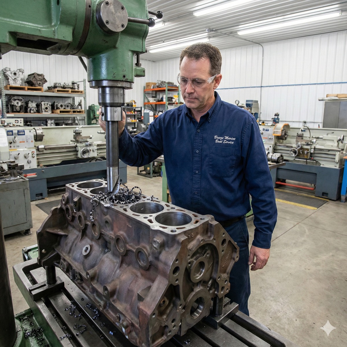 Breeze Marine machinist operating a large vertical boring machine, cutting the cylinder wall of a large marine diesel engine block in a clean machine shop environment.