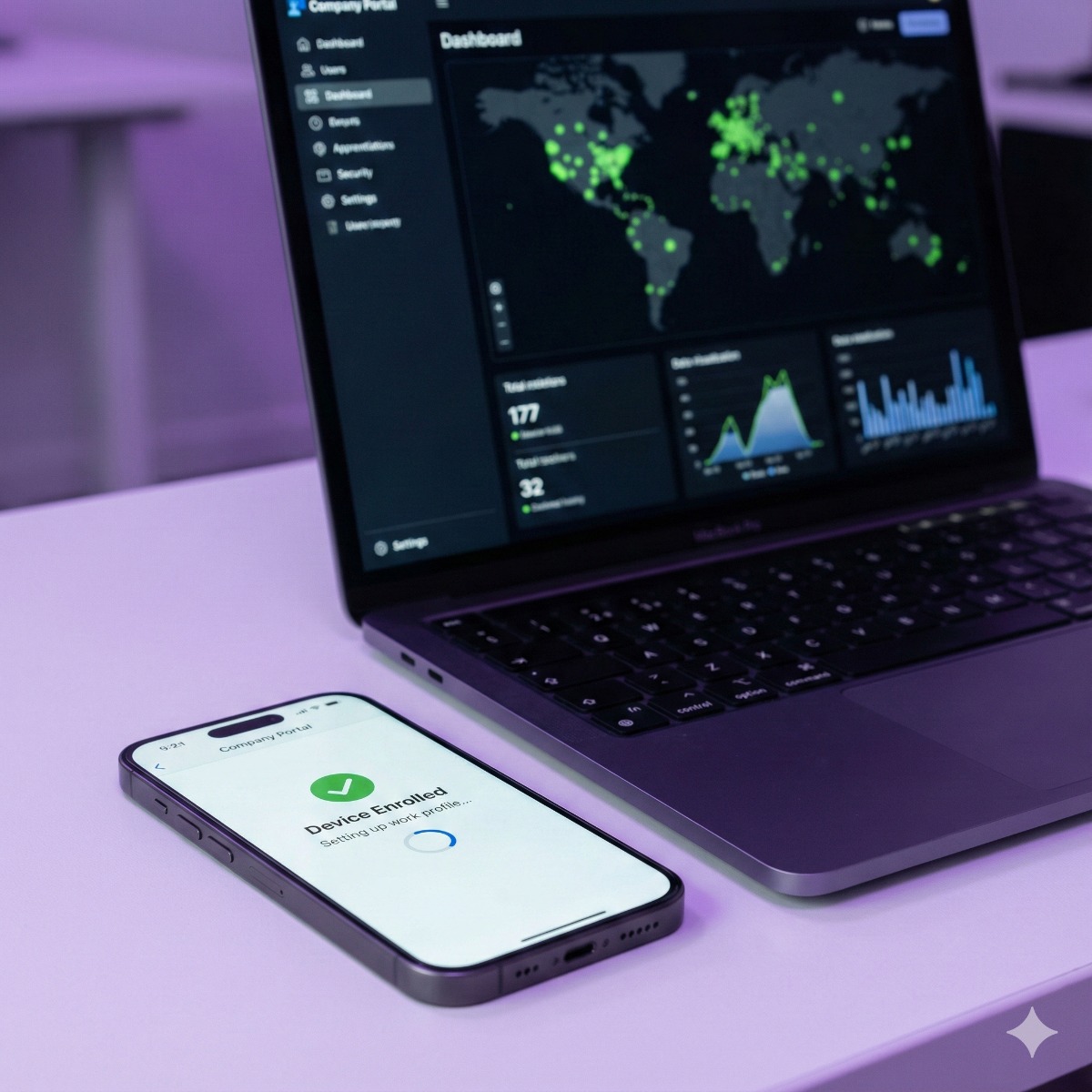 A smartphone screen displaying a "Company Portal" login screen next to a laptop showing a map of managed devices on a dashboard.