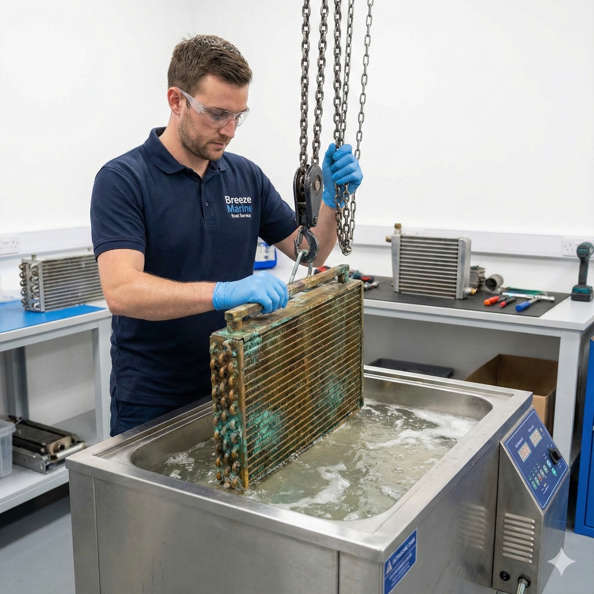 A Breeze Marine technician wearing safety glasses and gloves lowers a heavily corroded brass marine heat exchanger core into a stainless steel industrial ultrasonic cleaning tank filled with bubbling solution.