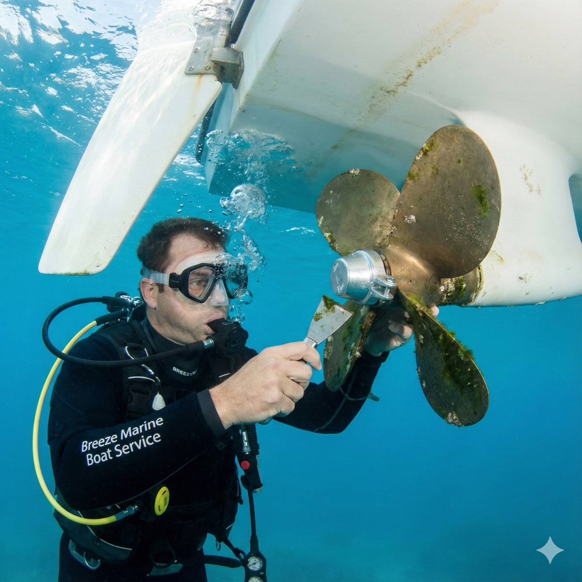 Underwater photograph of a Breeze Marine diver with a scraping tool cleaning barnacles off a boat's bronze propeller, with a new zinc anode visible on the propeller shaft.
