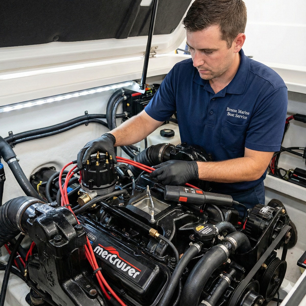Breeze Marine technician comparing an old, corroded distributor cap with a new brass-contact marine distributor cap during a tune-up service.