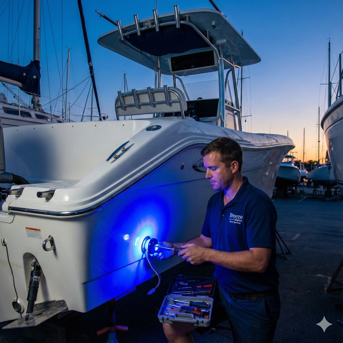 Breeze Marine technician testing a new blue underwater LED light fixture mounted on the transom of a boat, with the blue light glowing intensely against the white fiberglass.