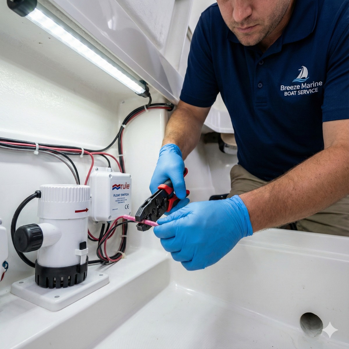 Marine technician using wire strippers to prepare the wires for a new automatic bilge float switch in the dirty, oily bilge of a boat.
