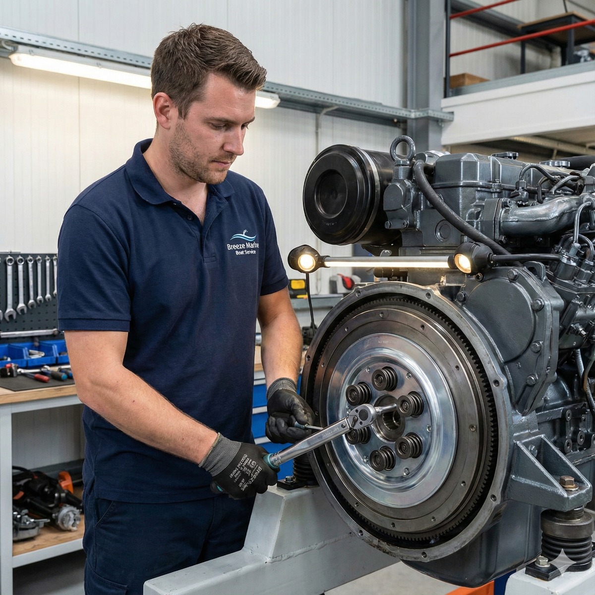 Breeze Marine technician bolting a new high-deflection damper plate with heavy-duty springs onto the flywheel of a marine engine.