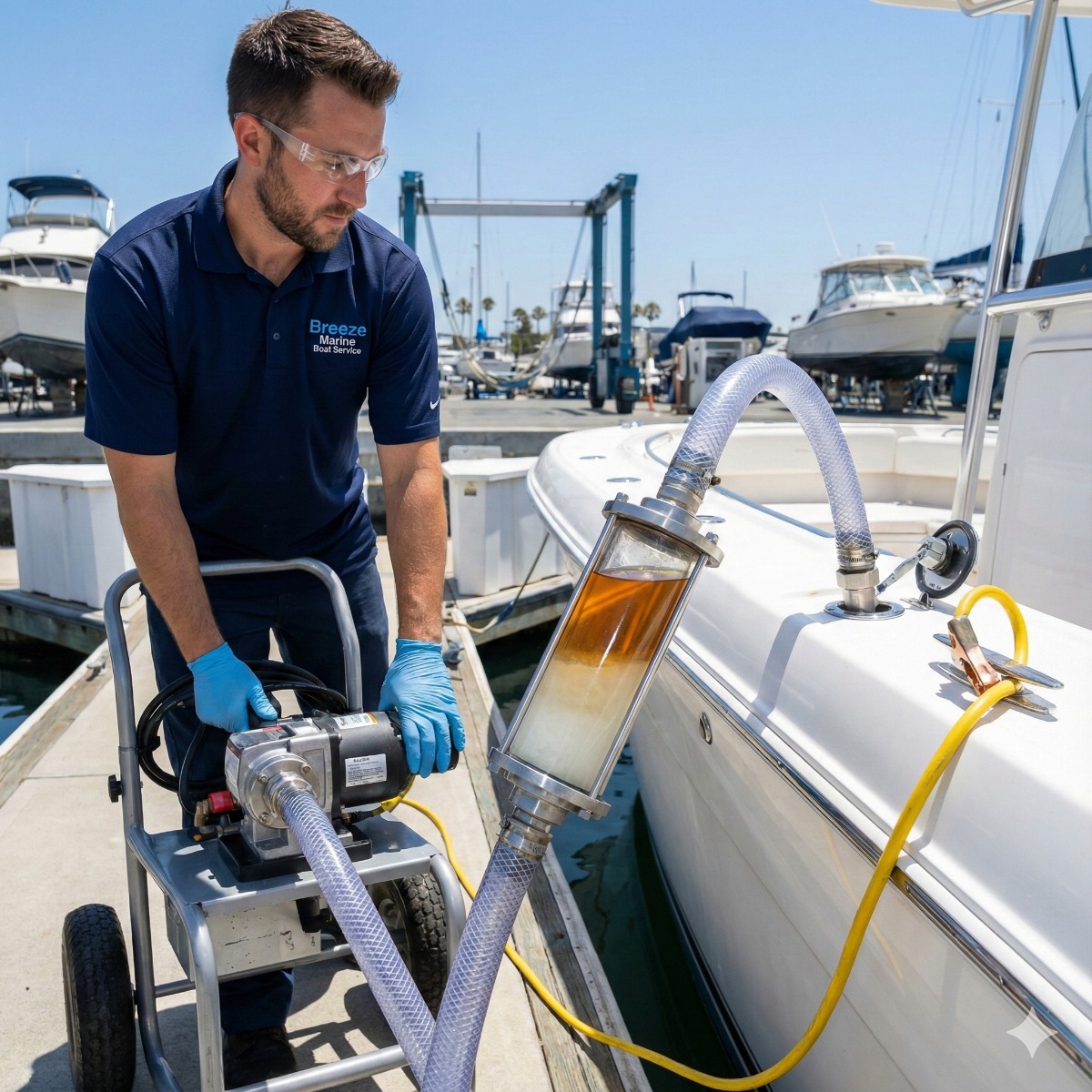 Breeze Marine technician monitoring a clear suction hose filled with cloudy, phase-separated gasoline being pumped out of a boat into a hazardous waste drum.