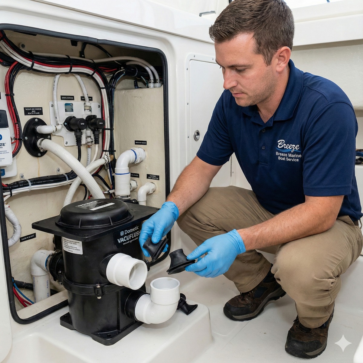 Marine technician wearing gloves replacing the rubber duckbill valves inside a black VacuFlush vacuum generator pump.