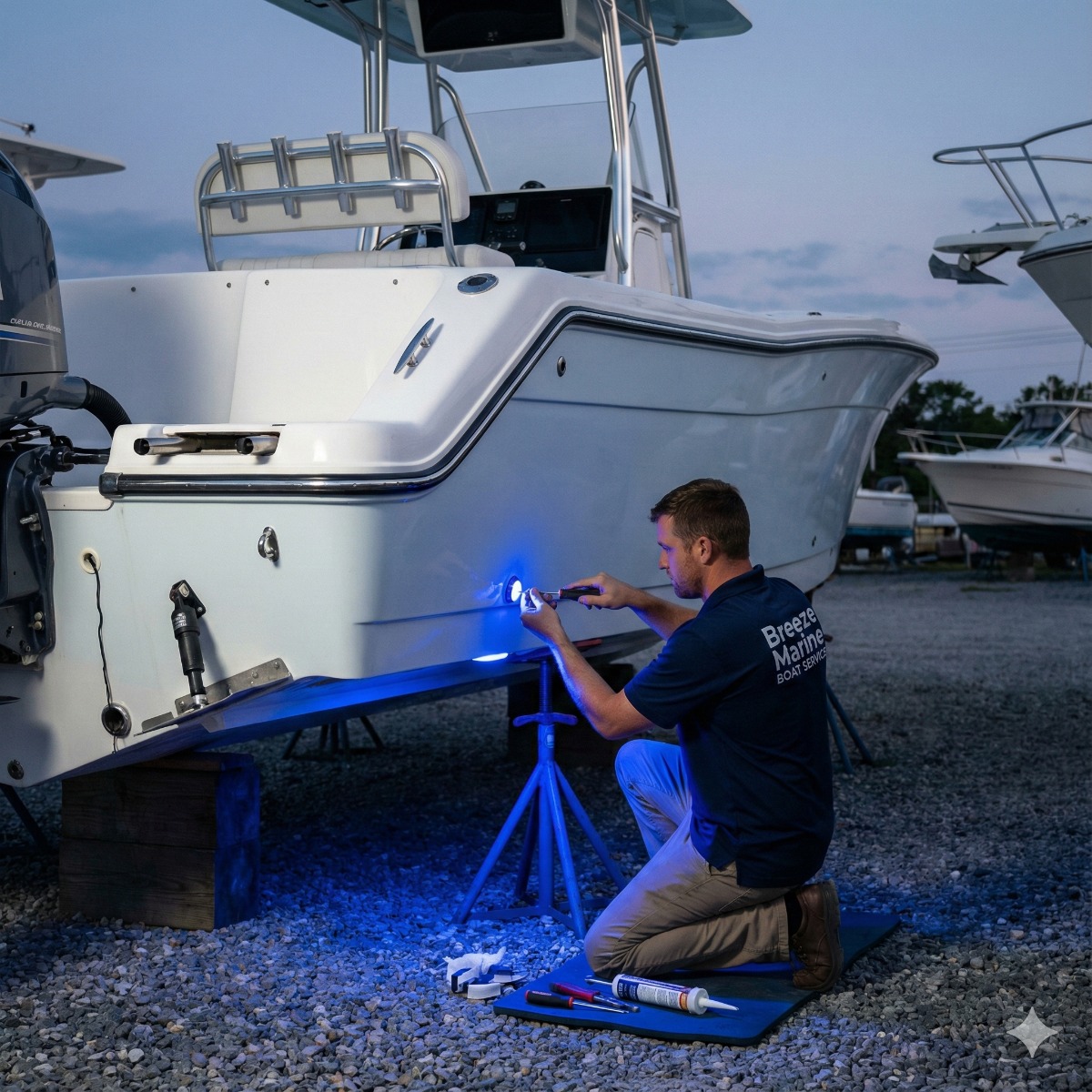 Breeze Marine technician testing a newly installed high-intensity blue underwater LED light fixture mounted on the transom of a white fiberglass boat in a dry dock.