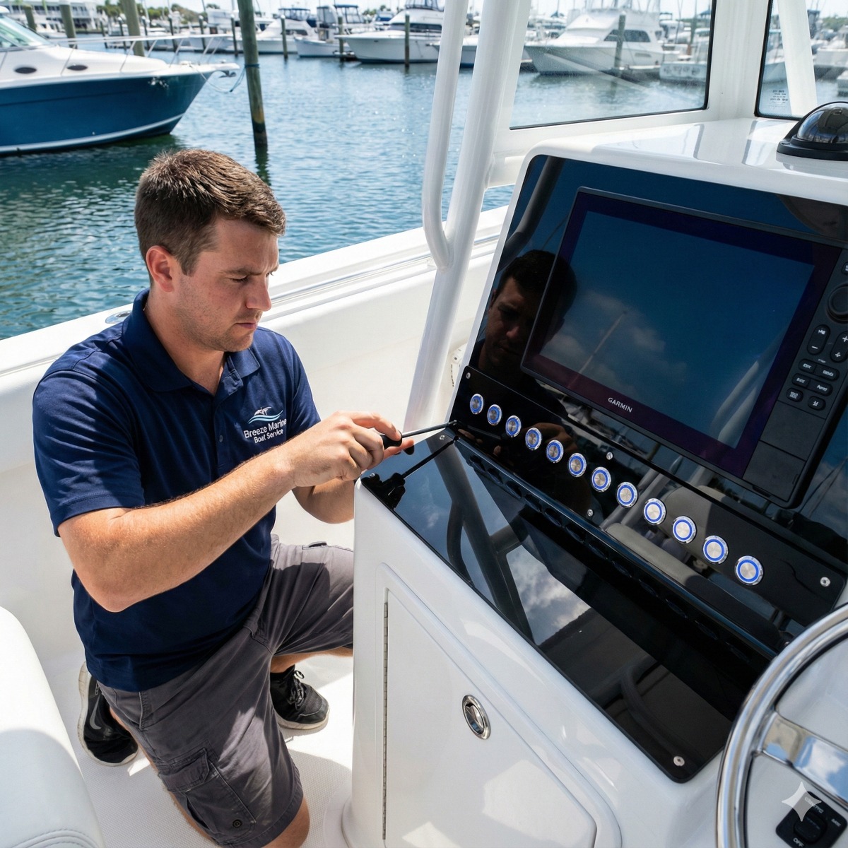 Breeze Marine technician installing a custom-cut high-gloss black acrylic dash panel featuring illuminated stainless steel push-button switches into a center console boat.