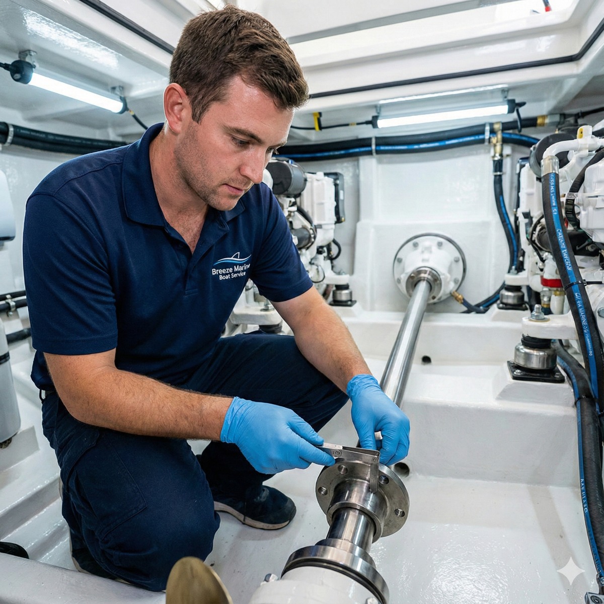 Breeze Marine technician using a feeler gauge to measure the gap between the transmission coupling and the propeller shaft coupling to ensure perfect alignment.