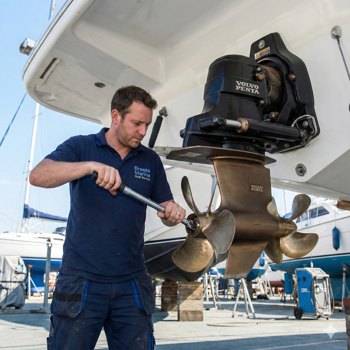 Breeze Marine technician using a specialized prop wrench to remove the forward-facing dual propellers from a Volvo Penta IPS pod drive on a yacht in dry dock.