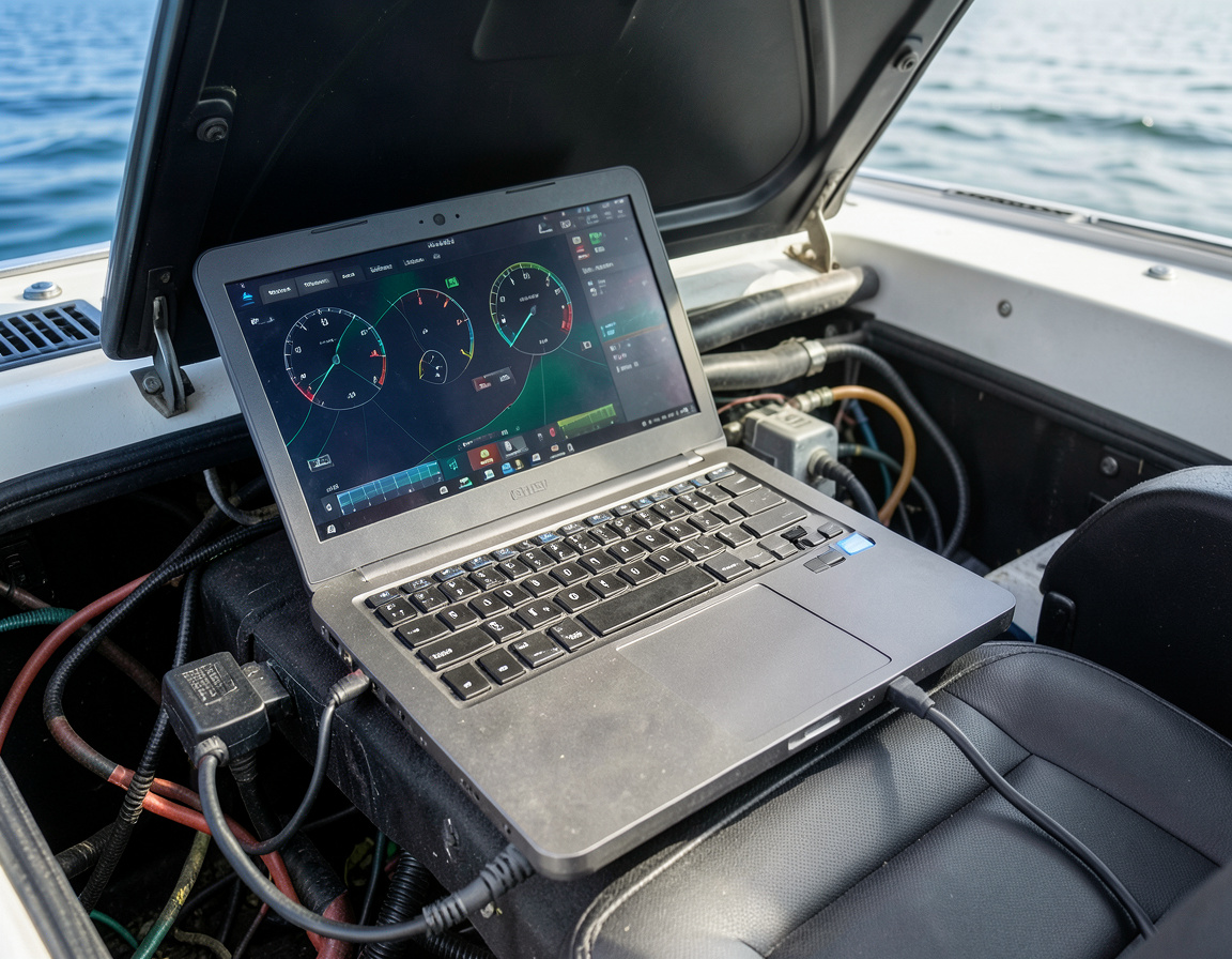 Laptop diagnostyczny podłączony do silnika łodzi podczas szukania usterki