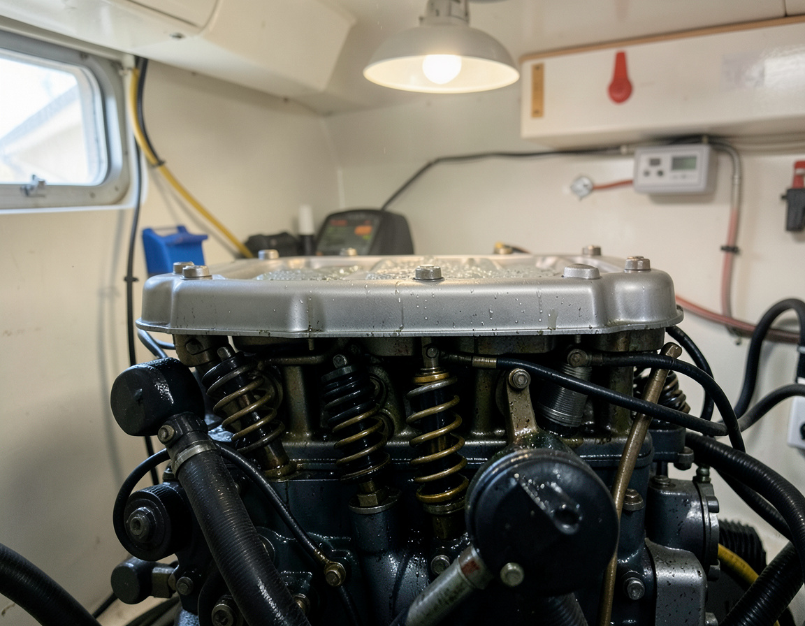 Odsłonięty mechanizm zaworowy okrętowego silnika wysokoprężnego