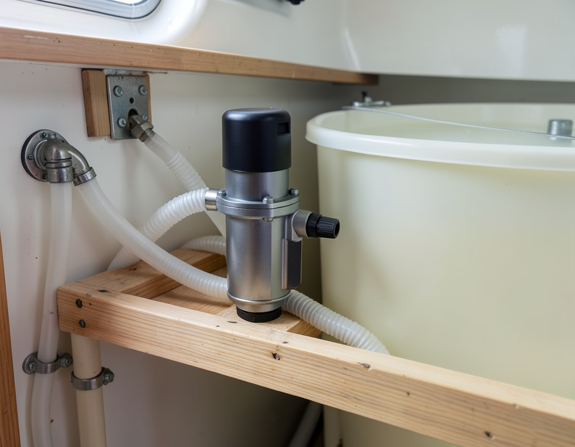 Nowa pompa macerująca zamontowana obok zbiornika na nieczystości w łodzi
