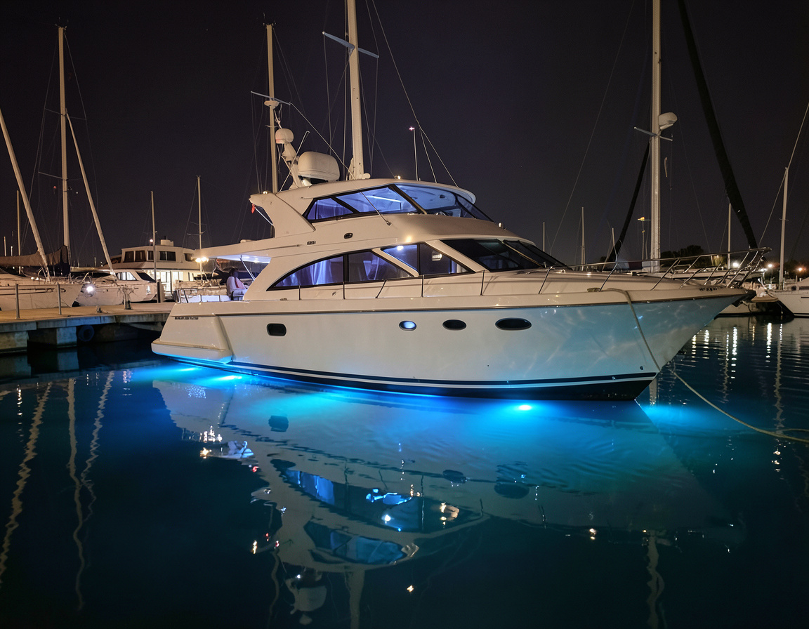 Blue underwater LED lights glowing beneath a boat at night