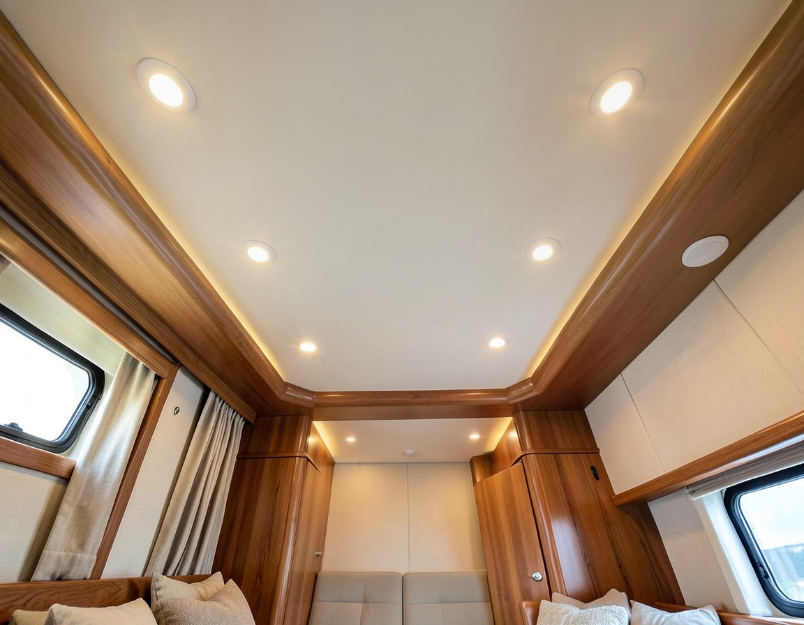 Recessed LED ceiling lights retrofitted in a yacht cabin