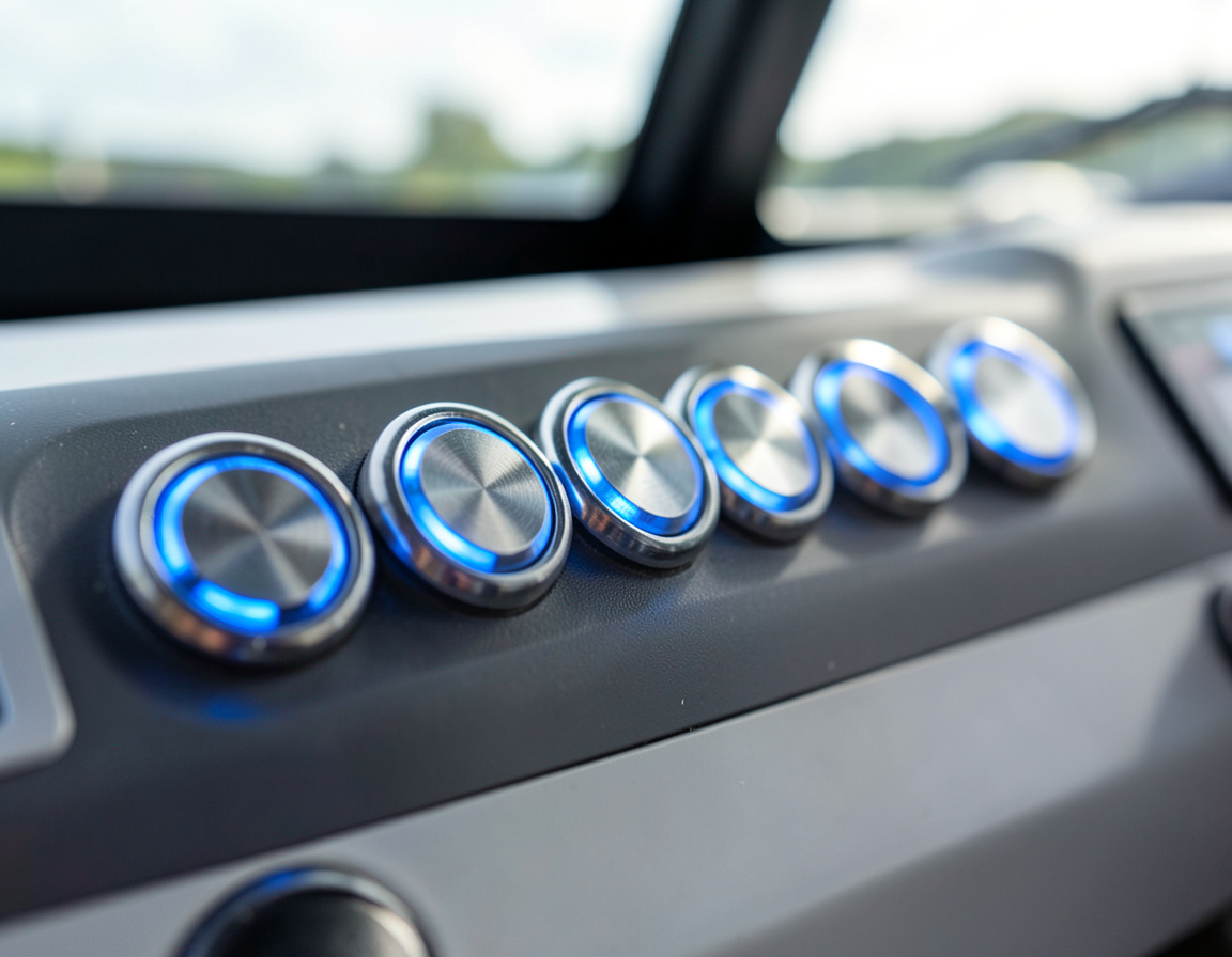 Stainless steel LED switches on a boat dashboard
