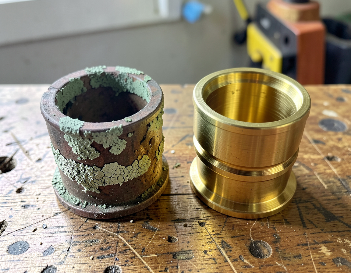 Brass heat exchanger core before and after cleaning