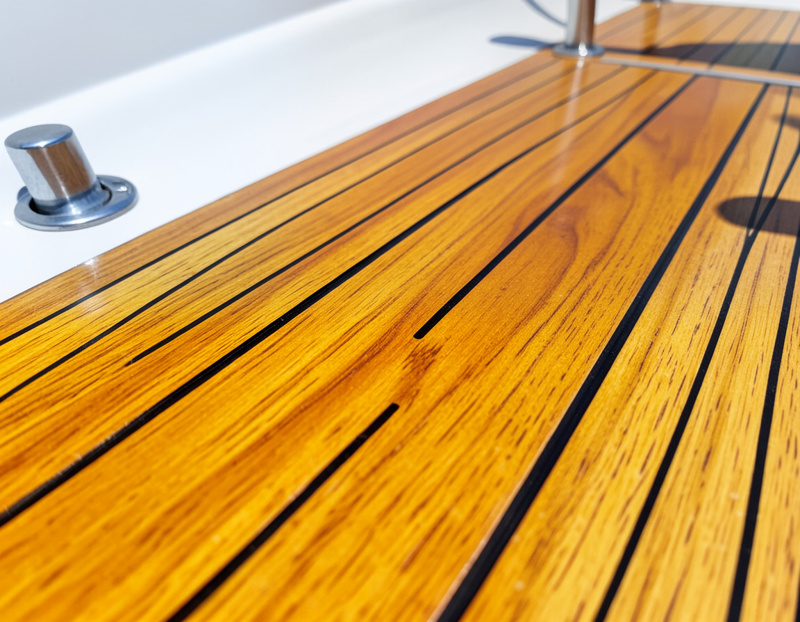 Solid teak deck planking on a yacht