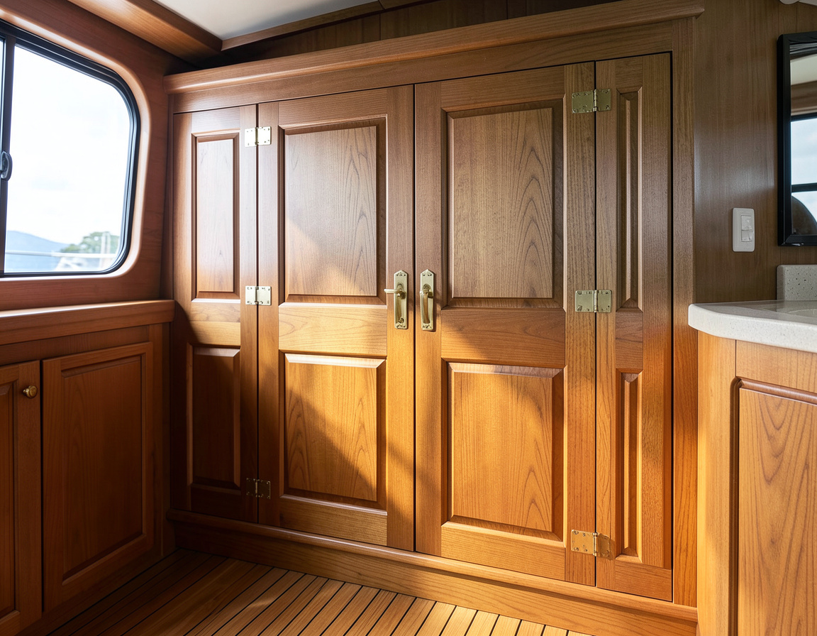 Custom solid teak cabinetry in a yacht salon
