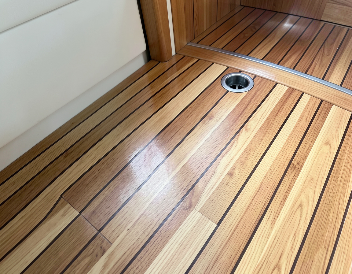 Teak and holly cabin sole in a yacht interior