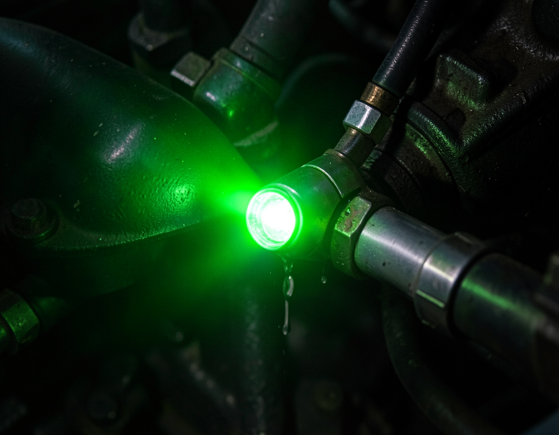 UV leak tracing dye glowing at a coolant hose