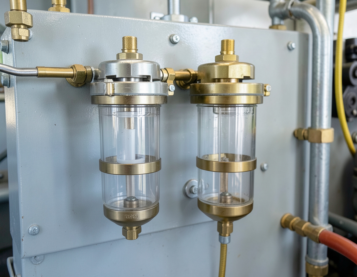 Turbine-style fuel water separators on an engine room bulkhead
