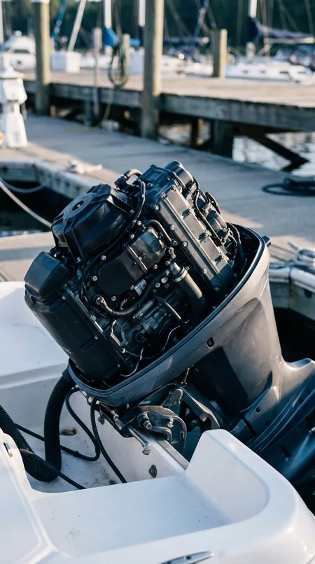 Outboard engine with the cowling off at the dock