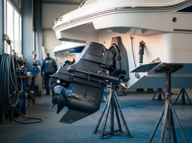 Sterndrive unit on a boat up on stands