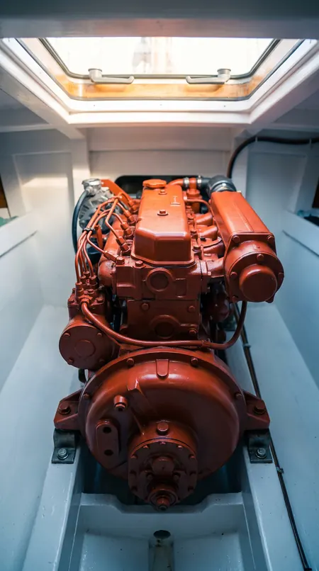 Red marine diesel engine in a cruiser engine room