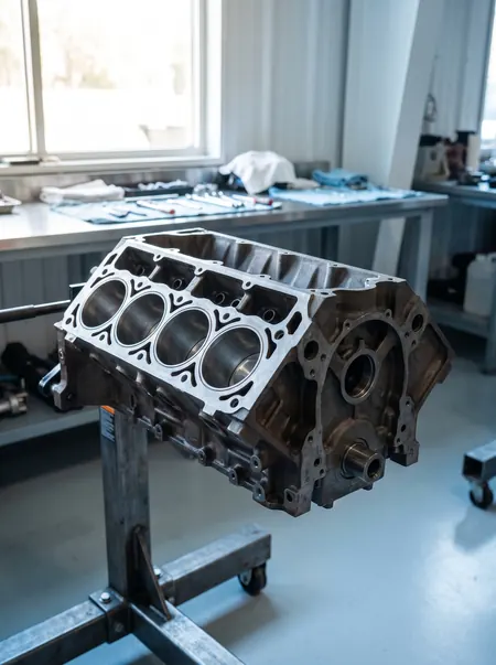 Bare engine block on an engine stand