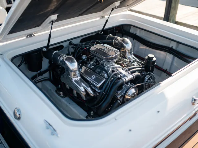 Chrome V8 sterndrive engine under an open engine hatch